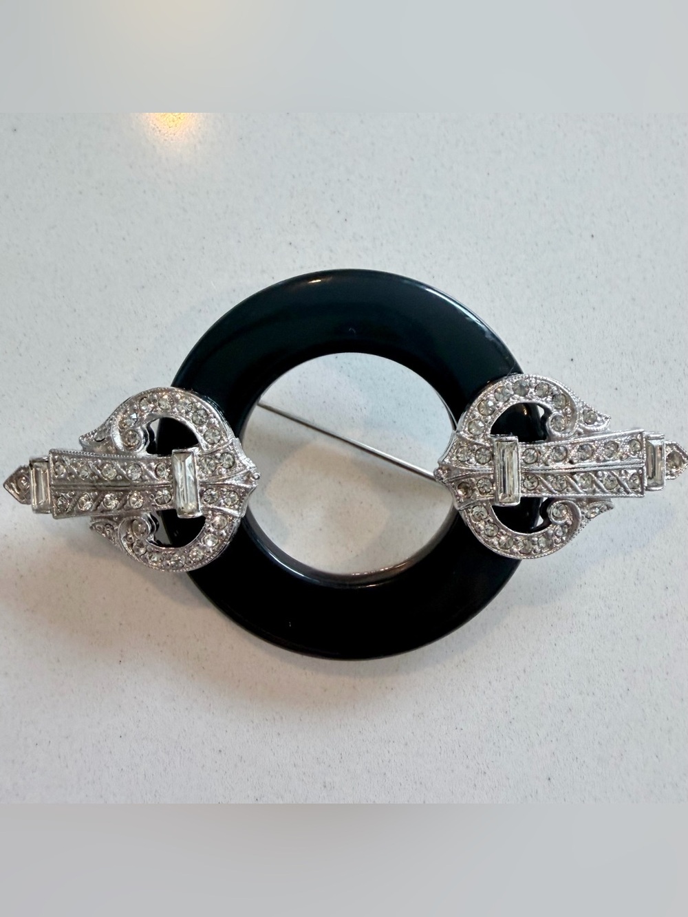 High End Kenneth Lane KJL art deco black lucite rhinestones diamantés brooch 80s